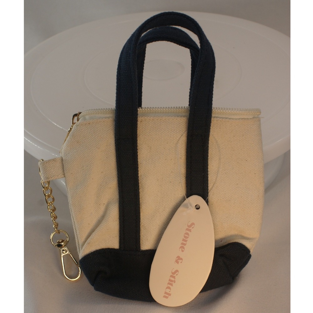 Stone & Stitch Mini Canvas Tote Bag Keychain Pouch Cream Navy Blue Zippered